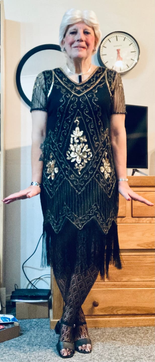 Customer photo review of 1920s Black & Gold Beaded Evelyn Flapper Dress