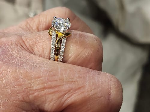 Customer photo review of Round Moissanite Two Tone Vine Split Shank Pave Engagement Ring
