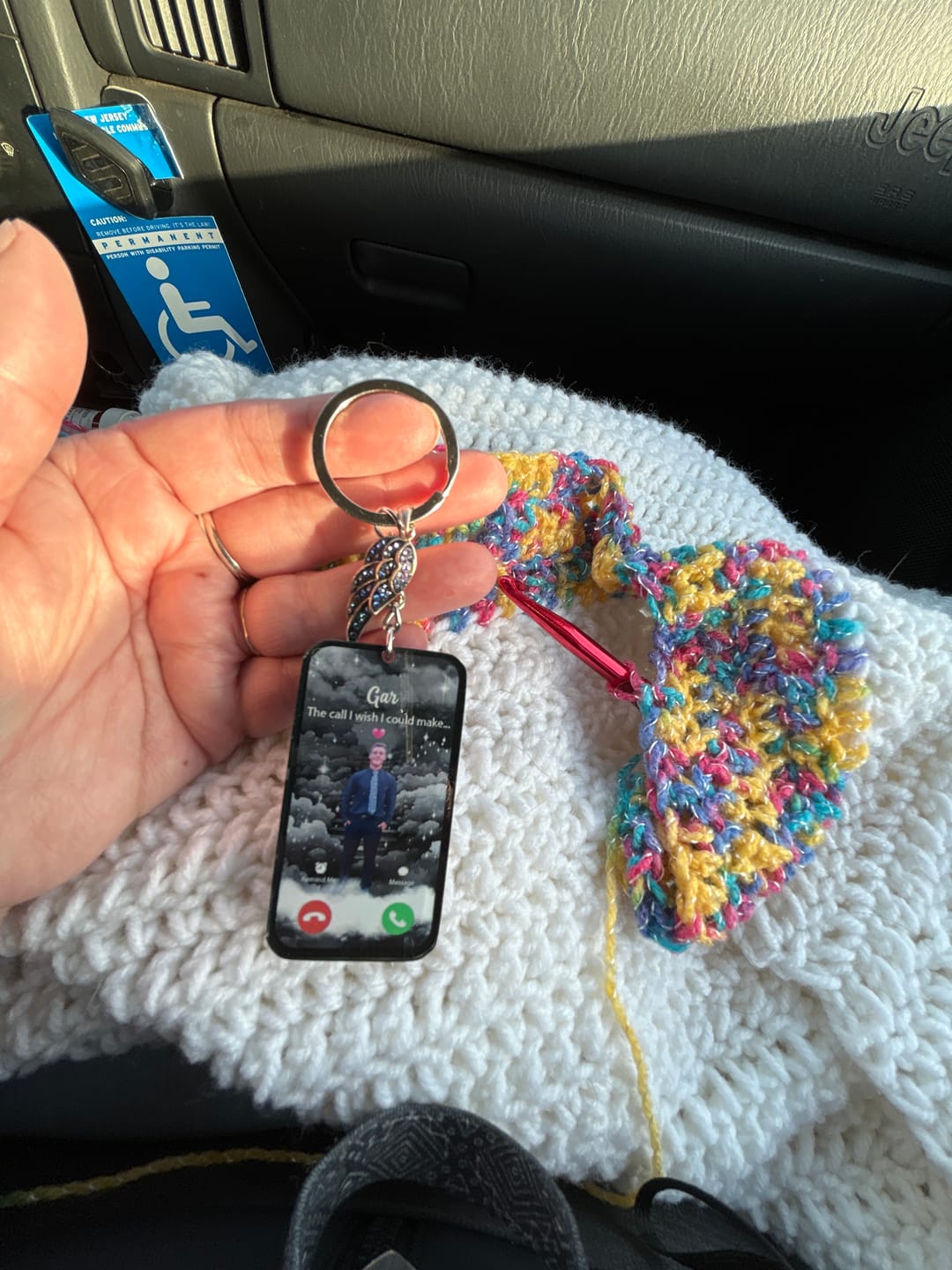 Customer photo review of The Call I Wish Memorial Sympathy Gift - Photo Inserted Different On 2 Sides Personalized Keychain