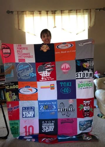 T-shirt quilt with running, fitness themes by Cathy from WI
