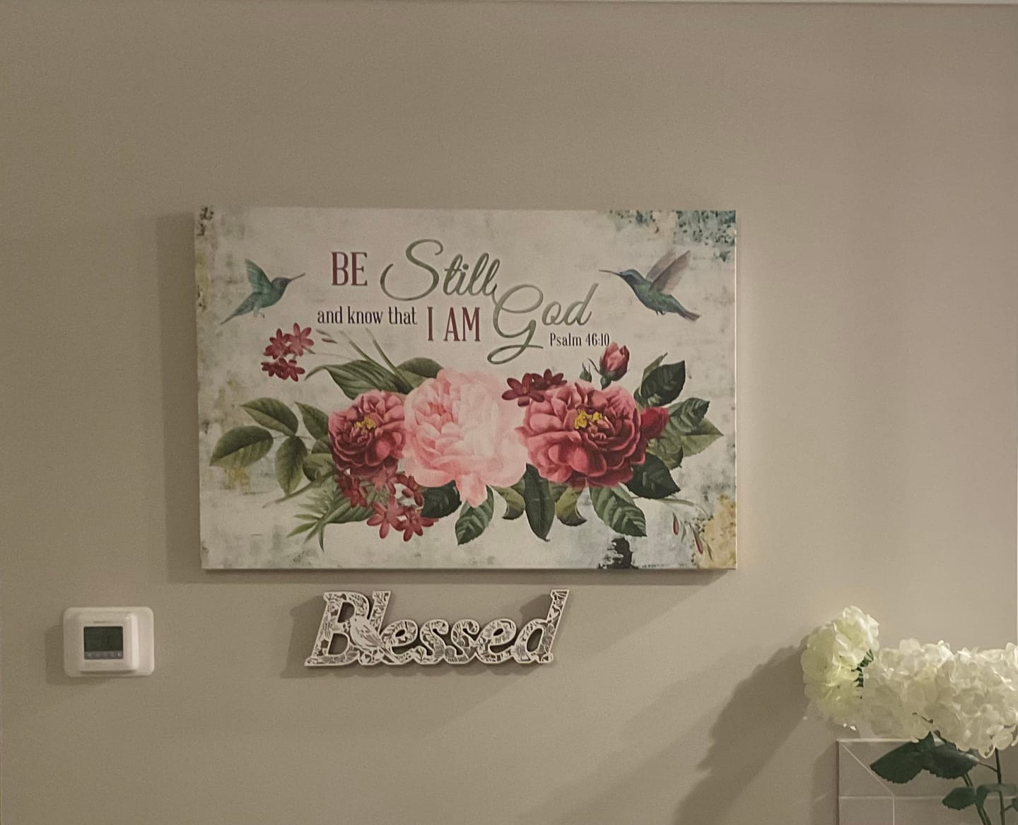 Customer photo review of Be Still and Know That I Am God, Vintage Flower Hummingbird, Wall art canvas