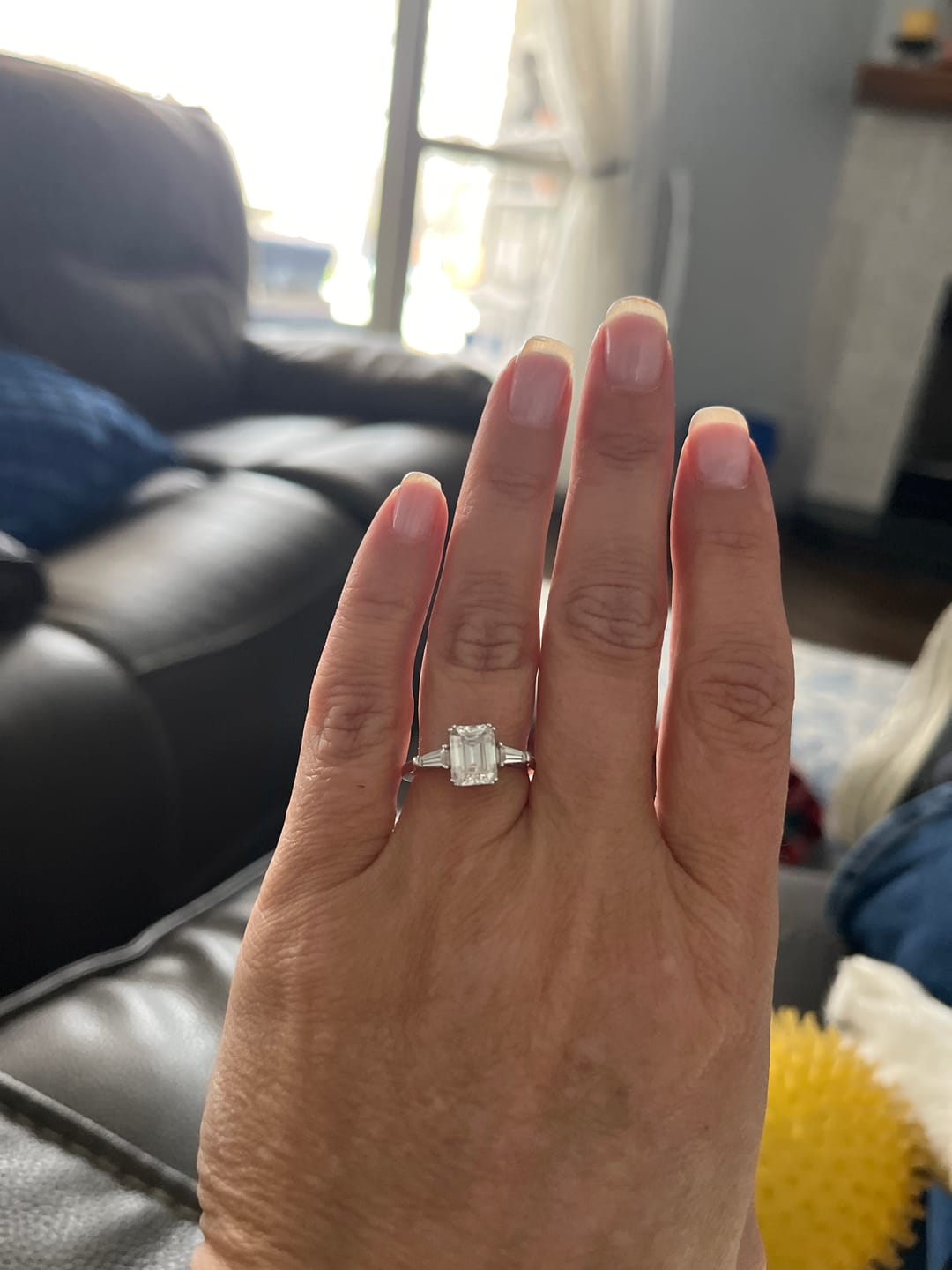 Customer photo review of Three Stone Emerald Cut Moissanite Tapered Baguette Engagement Ring