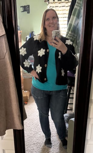 Customer photo review of Black and White Snowflake Cardigan FINAL SALE