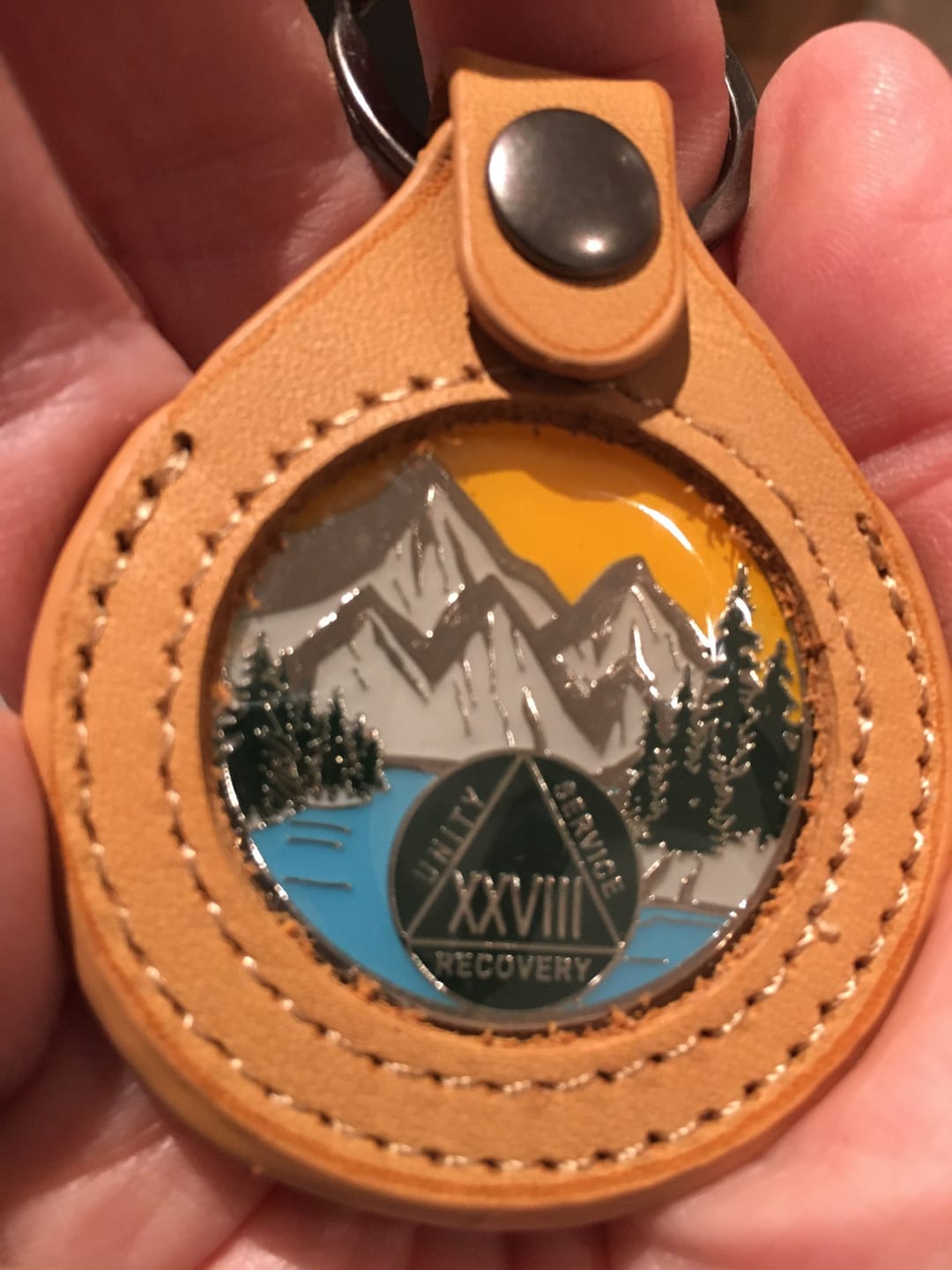 Customer photo review of Sobriety Mint Genuine Leather 34mm AA Medallion Keychain Holder - Recovery Chip/Coin/Token Holder - Tan