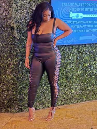 Customer photo review of Side Peak Faux Leather Jumpsuit