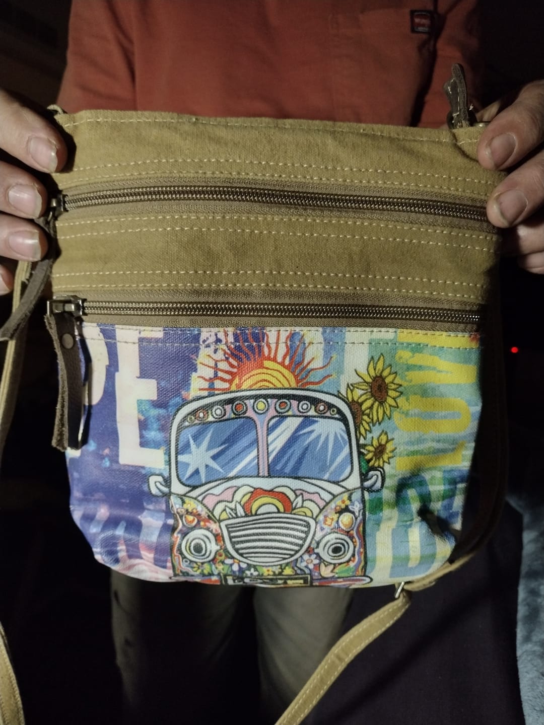 Customer photo review of Peace Love Bus Crossbody Bag