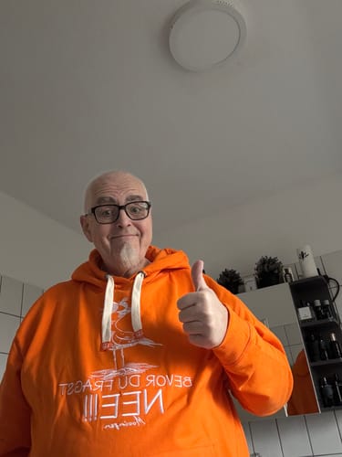 Customer photo review of Guten Morgen ganz dünnes Eis (Stick) · Unisex Bio Schalkragen Hoodie