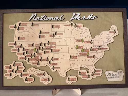 Customer photo review of US Wooden National Parks Travel Map With Trees To Record Park Visits (Green)