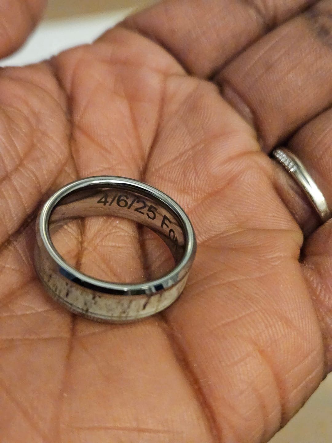 Customer photo review of Ombre Deer Antler Inlay Ring - Tungsten