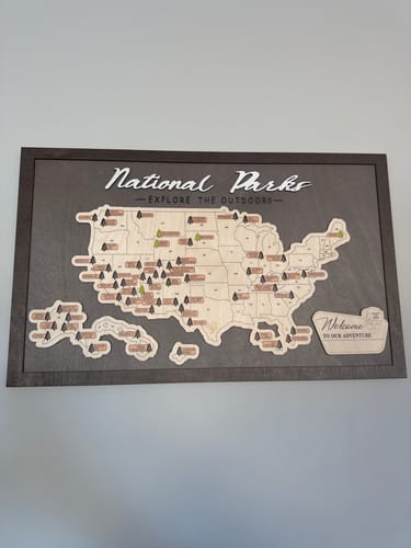 Customer photo review of US Wooden National Parks Travel Map With Trees To Record Park Visits (Light Grey)