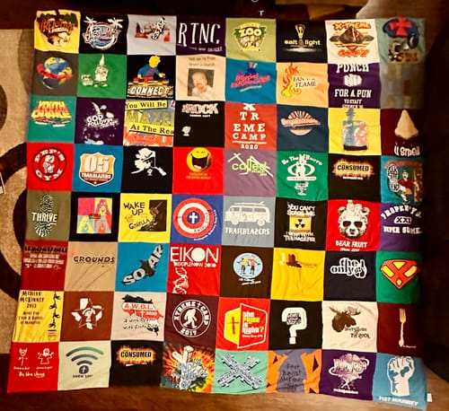 T-shirt quilt with outdoor activities, camping themes by Grant from TX