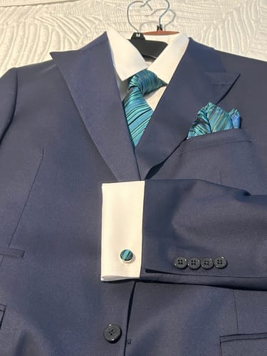 Customer photo review of Ties2you Striped Tie Black Green Blue Silk Men's Tie Hanky Cufflinks Set