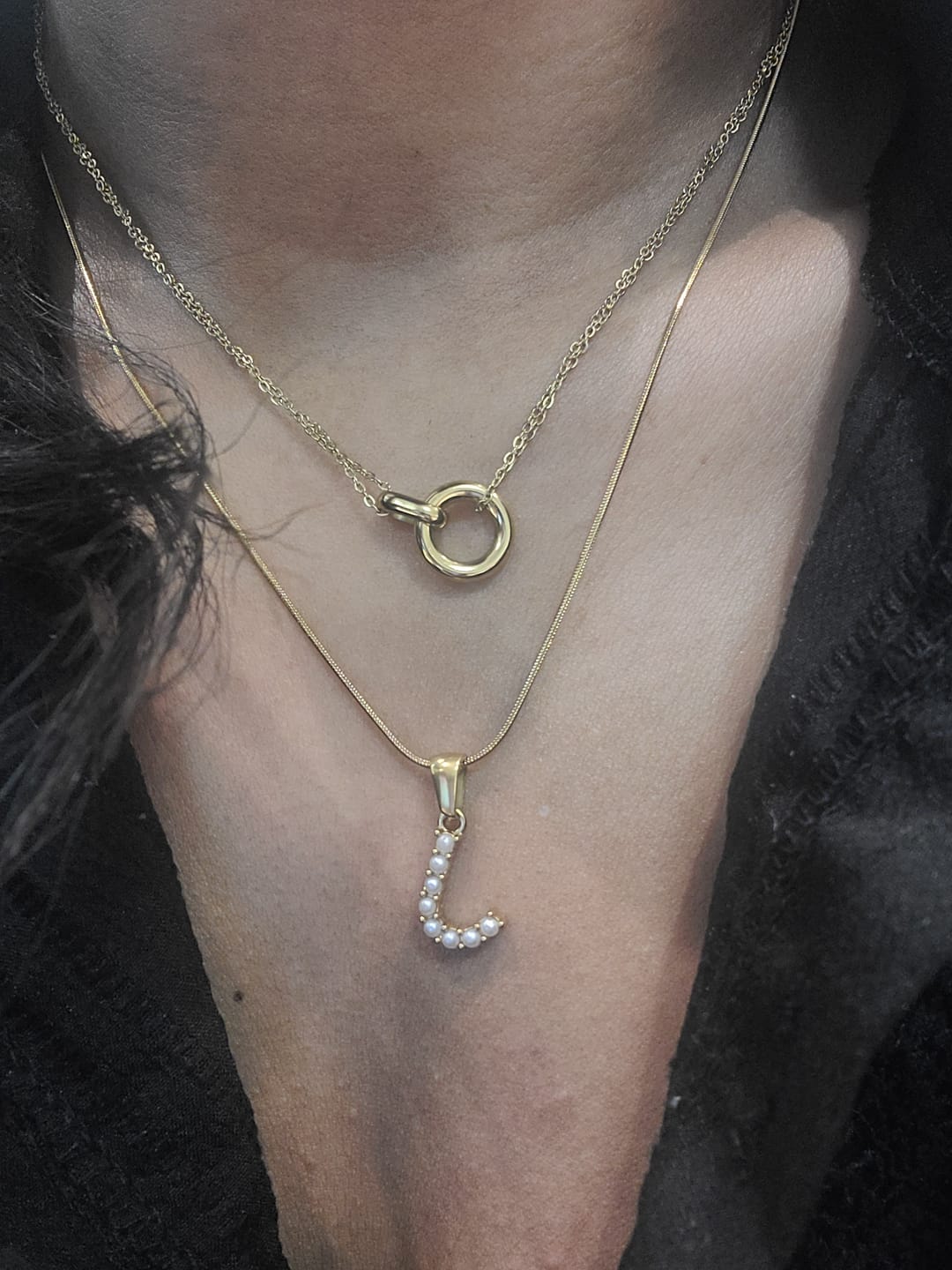 Customer photo review of Letter Pearl Charm Necklace