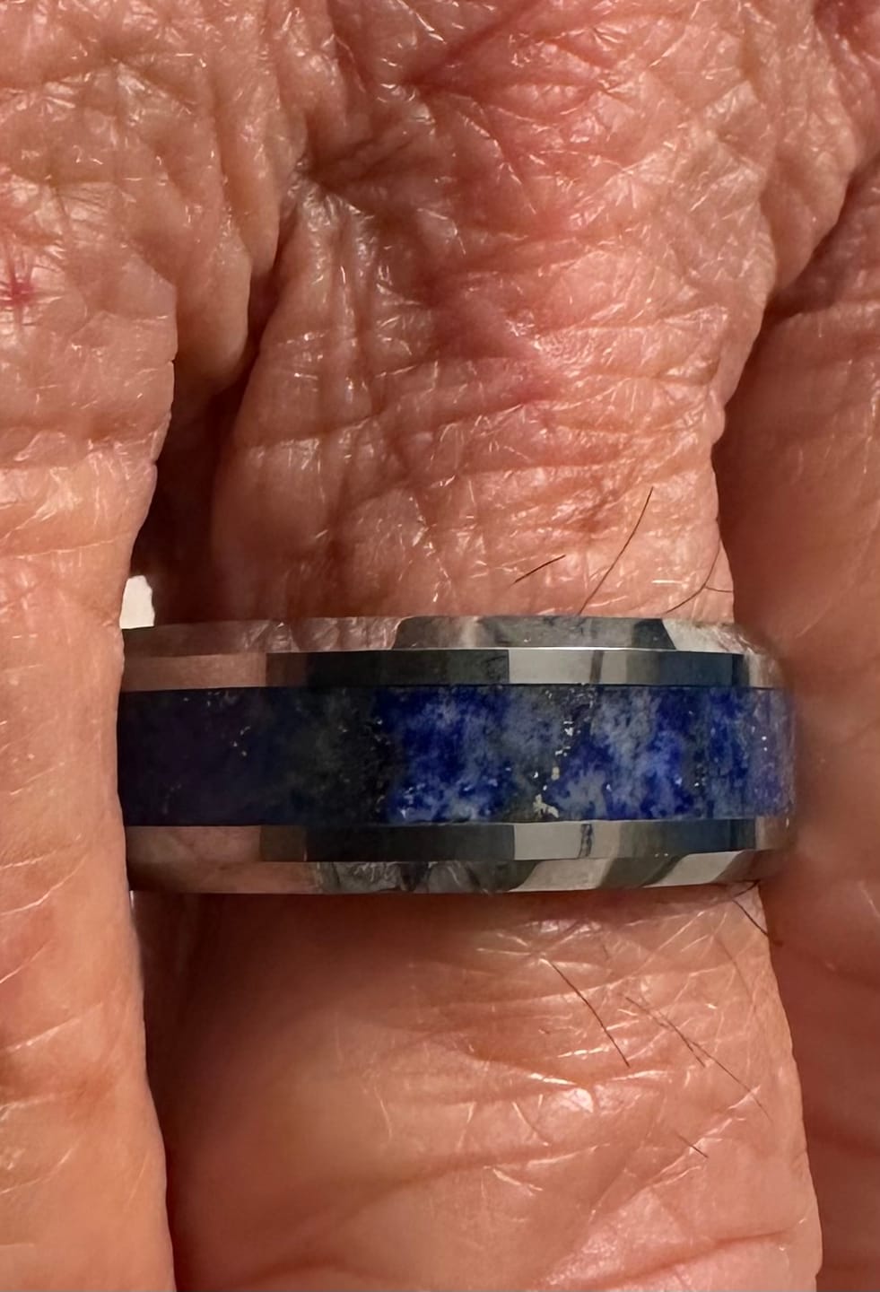 Customer photo review of Men's Tungsten Wedding Band with Blue Lapis Lazuli Stone Inlay Ring, Beveled Edges - 8 mm