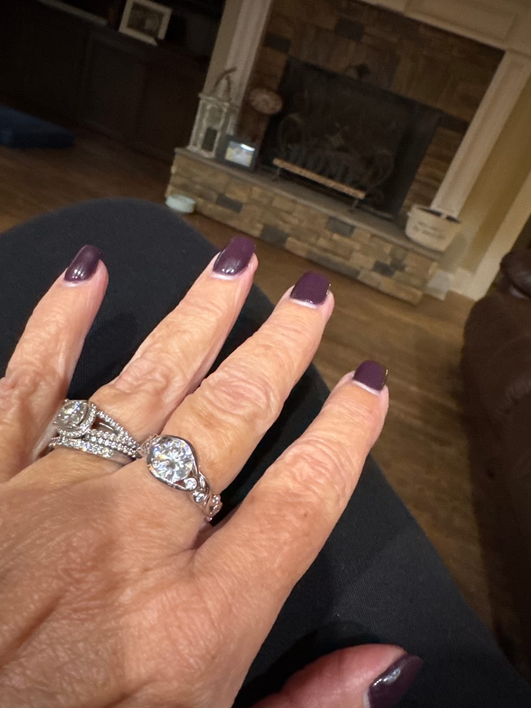 Customer photo review of Bezel Set Round Moissanite Scroll Accents Engagement Ring