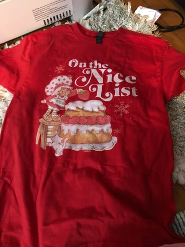 Customer photo review of Womens On The Nice List Strawberry Shortcake Shirt
