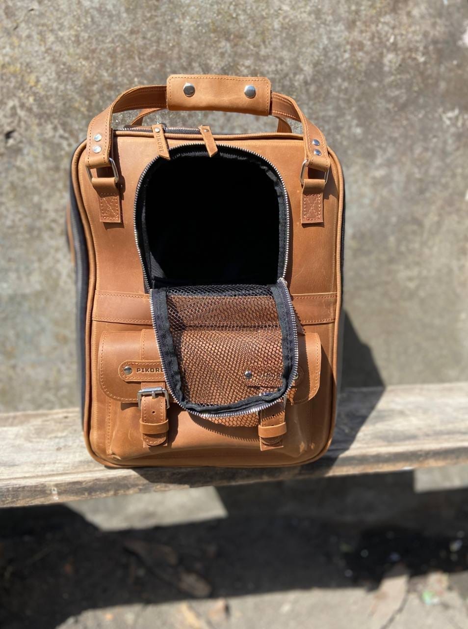 Customer photo review of Leather Pet Backpack