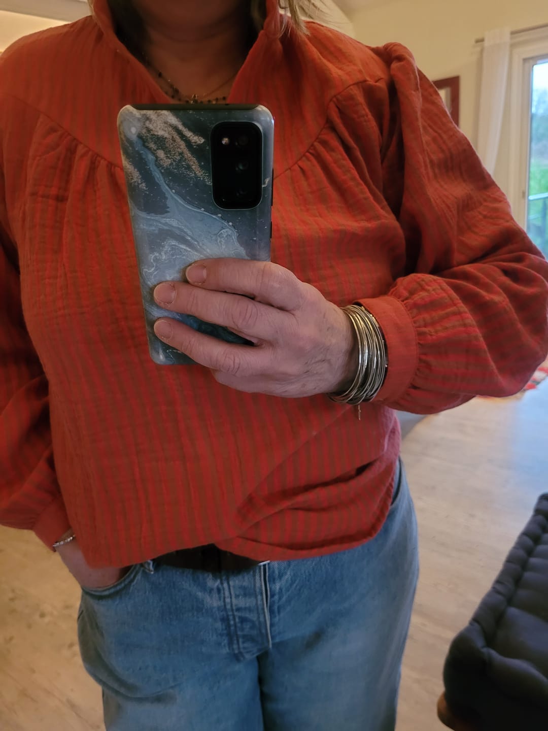 Customer photo review of Blouse Thémis - double gaze de coton rayé corail/camel