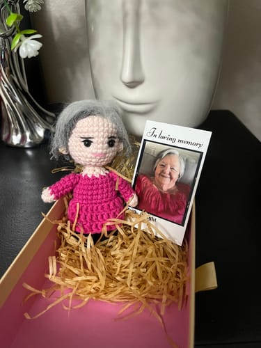 Customer photo review of Dolly® Personalized Crochet Doll with Photo Card