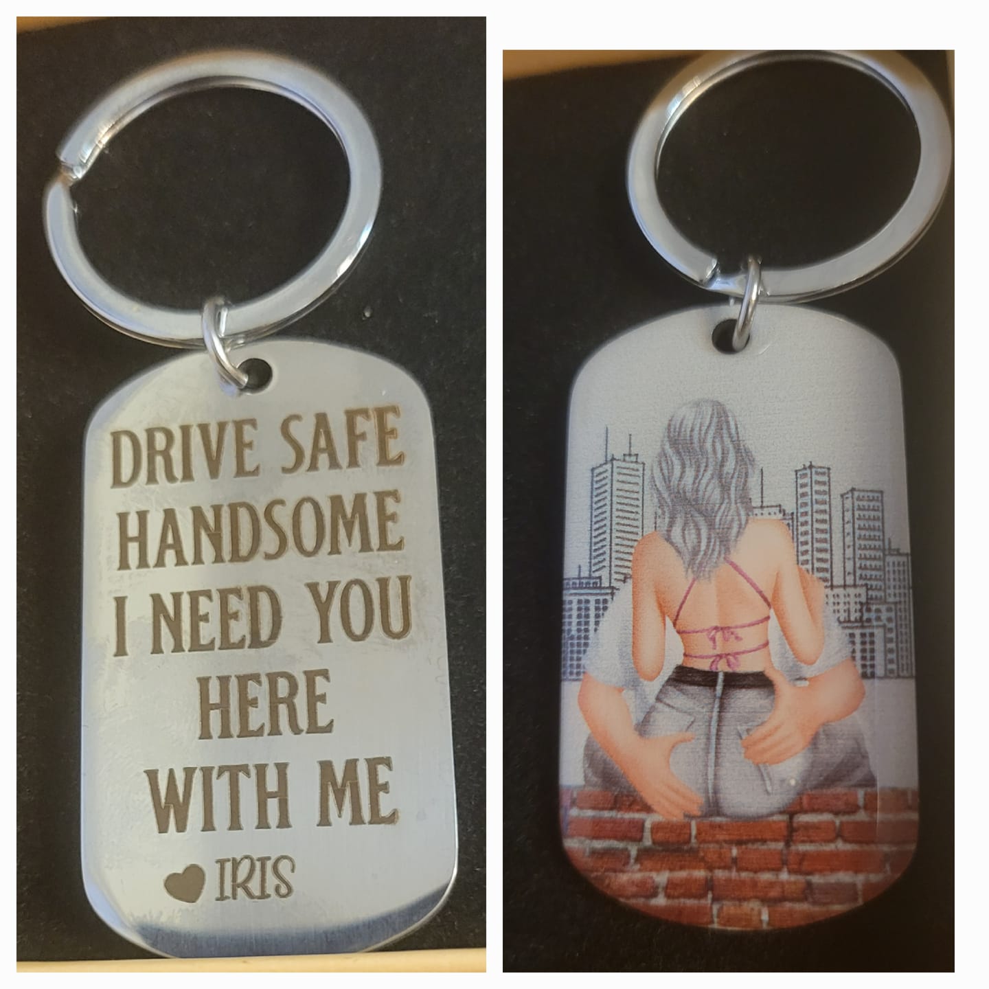 Customer photo review of Drive Safe - Personalized Engraved Stainless Steel Keychain