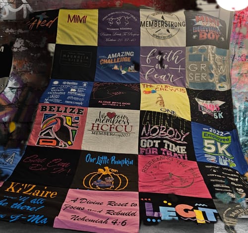 T-shirt quilt with community service, fitness themes by Leatrice from TX