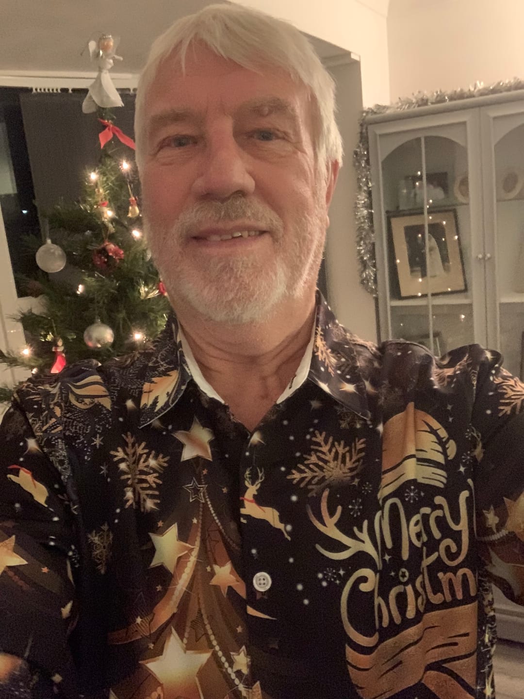 Customer photo review of Men's Golden Merry Christmas Champagne Print Long Sleeve Shirt