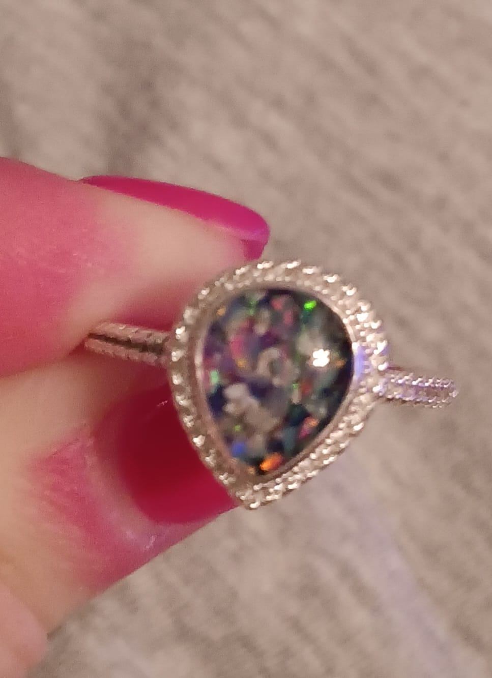 Customer photo review of Bedazzled Pear Opal Ring with Cremation Ashes