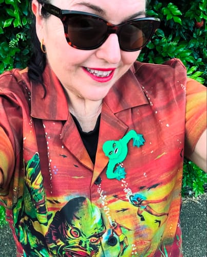 Customer photo review of Universal Monsters: Creature from the Black Lagoon™ Vintage Movie Poster Button Up in Rust (unisex)