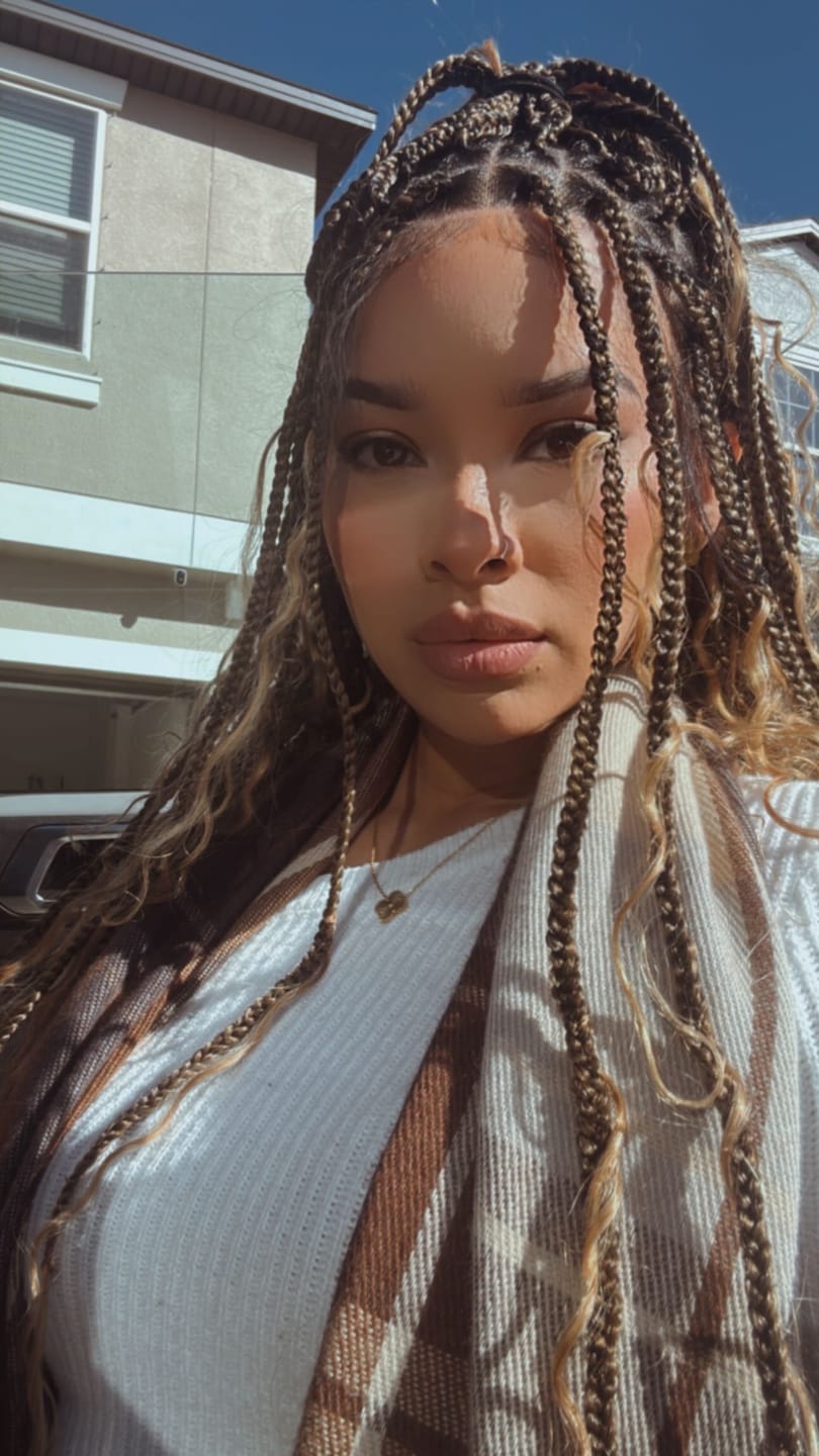 Customer photo review of 36" Human Hair Boho Curls Swiss HD Lace Knotless Box Braided Wig Full Hand-tied - Human Baby Hair