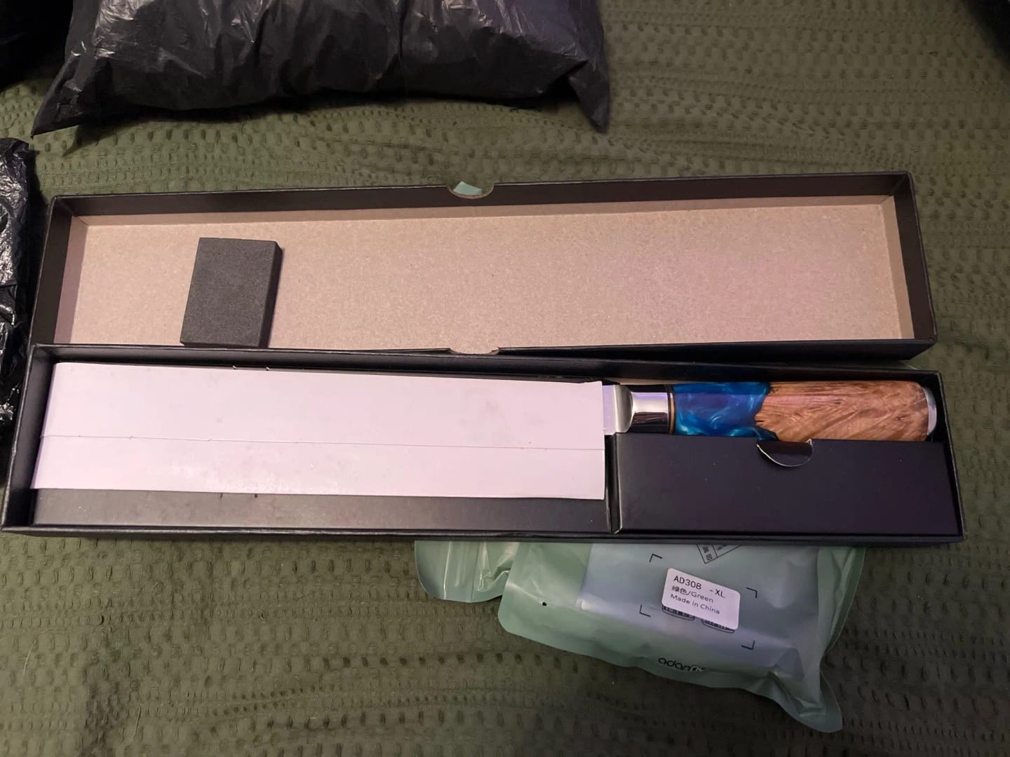Customer photo review of Miyamoto Damascus Kiritsuke Chef Knife (Blue)