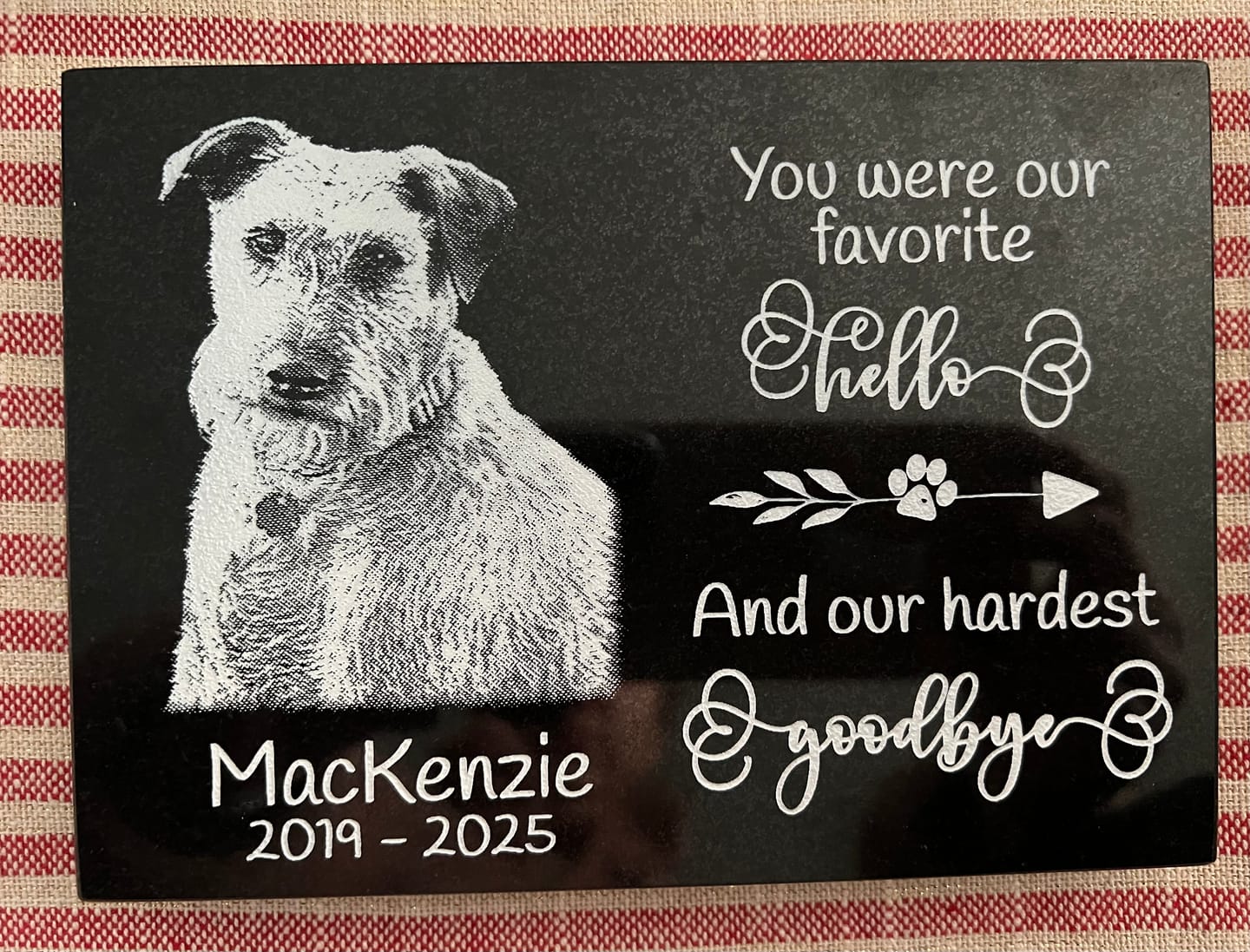 Customer photo review of Outdoor Personalized Dog Memorial Plaque You Were My Favorite Hello and My Hardest Goodbye Personalized Outdoor Plaque