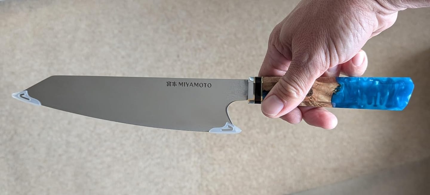 Customer photo review of Miyamoto Damascus Kiritsuke Chef Knife (Blue)