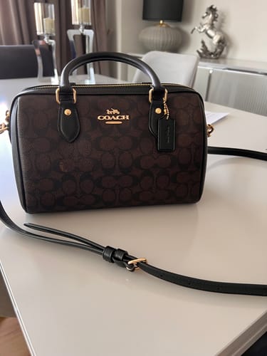 Customer photo review of Coach Women's Rowan Satchel Bag In Signature Canvas Gold/Walnut/Black