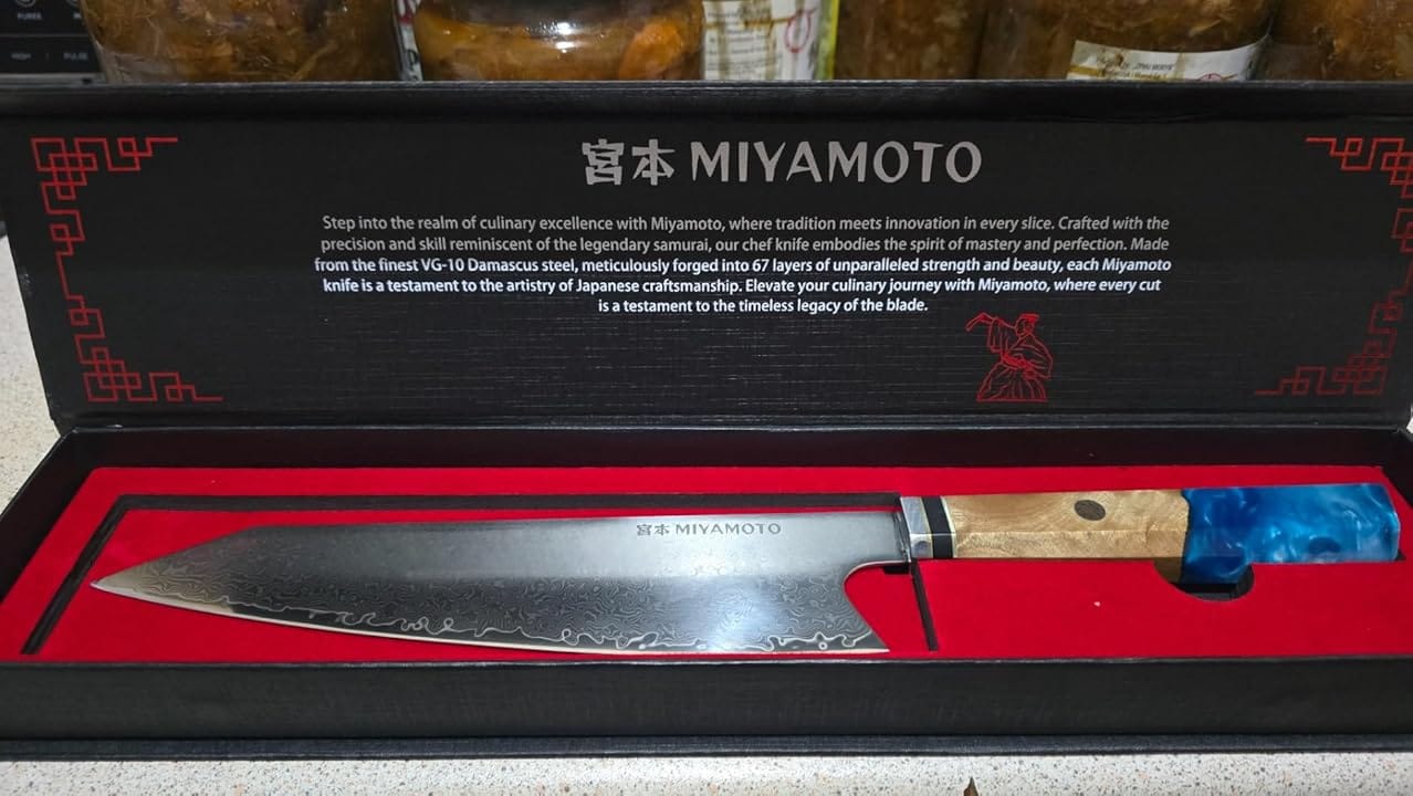 Customer photo review of Miyamoto Damascus Kiritsuke Chef Knife (Blue)