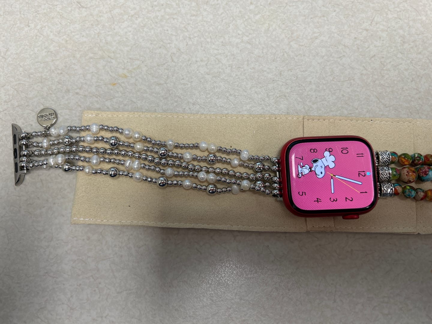 Customer photo review of Shimmering Pearl Stretch Apple Watch Strap