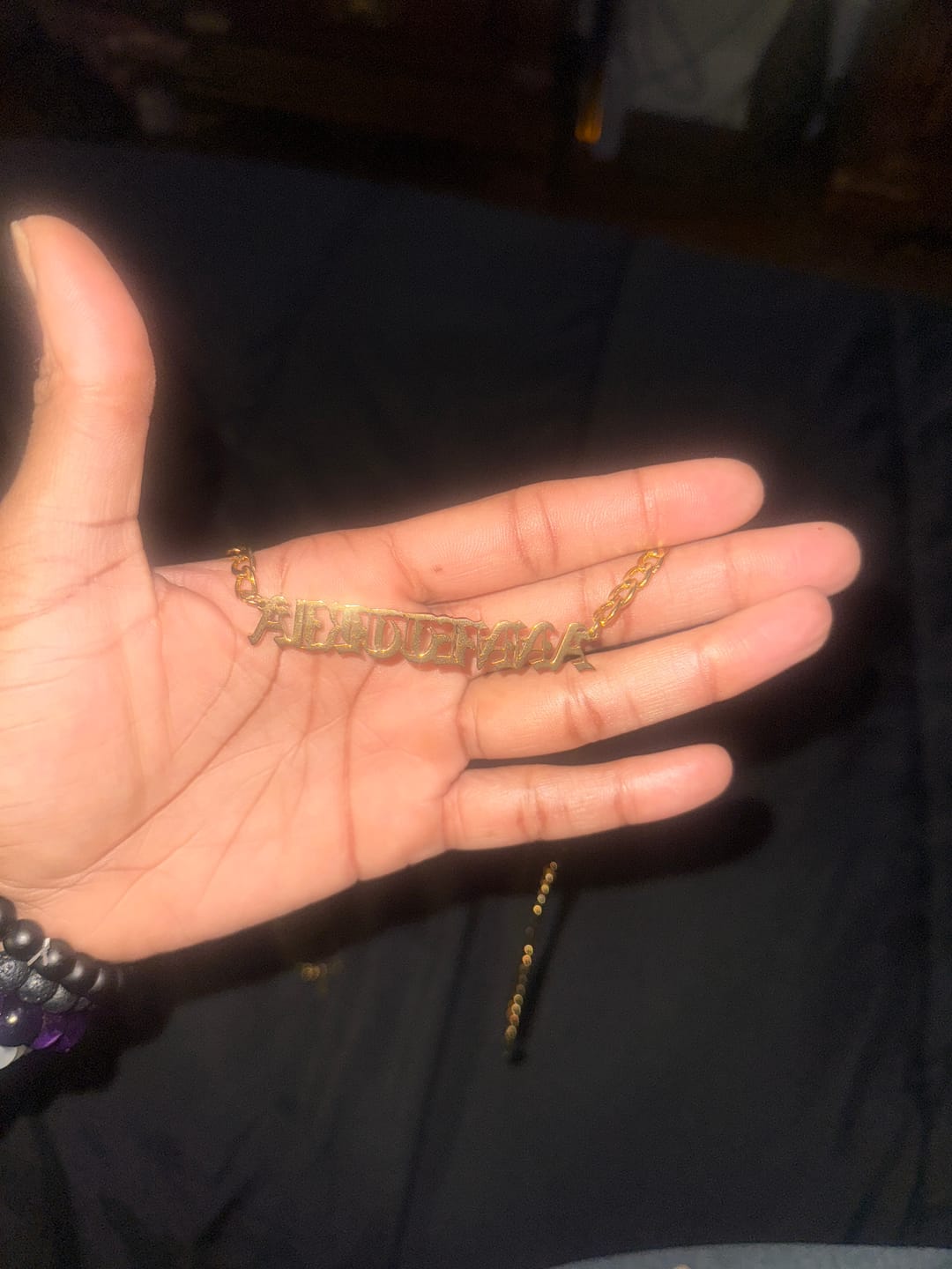 Customer photo review of Thick Gothic Nameplate Necklace w/ Cuban Chain