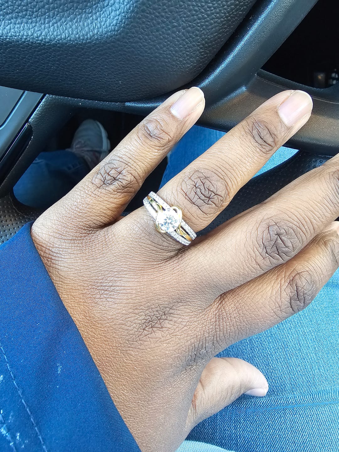 Customer photo review of Round Moissanite Two Tone Vine Split Shank Pave Engagement Ring