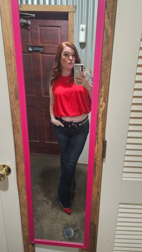 Customer photo review of Judy Blue Mid Rise Rhinestone Side Panel Detail Flares