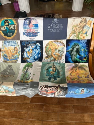 T-shirt quilt with beach, drinks themes by Glenda from AR