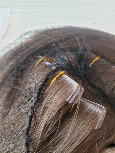 Customer photo review of Full Shine Virgin Human Hair Seamless Invisible Injection Tape in Extensions Dark Brown (#4)
