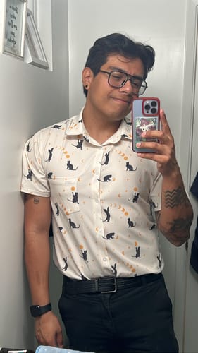Customer photo review of Clearance Ready-to-Ship Episodic Cat Catching the Moon Button Up Shirt