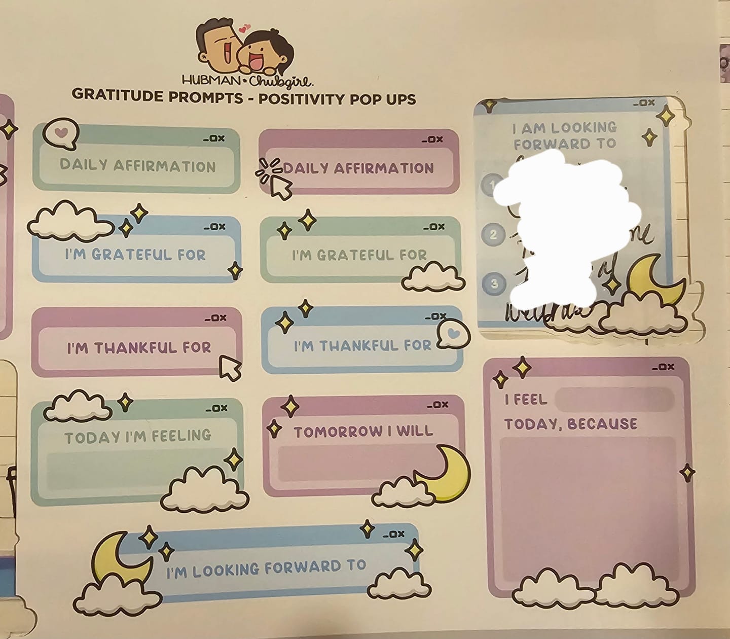 Customer photo review of Sticker Sheet - Gratitude Prompts Positivity Pop-Ups Theme