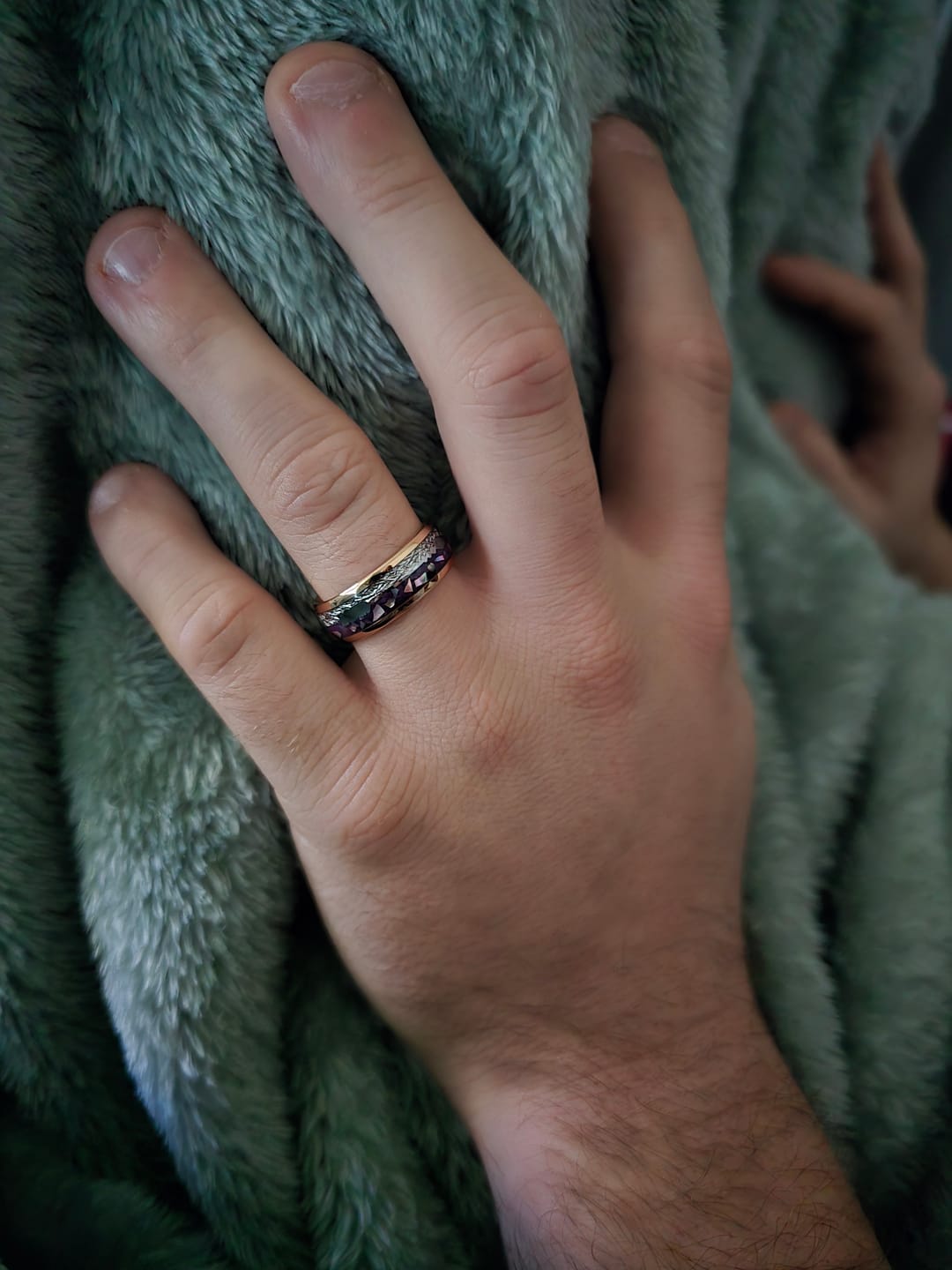 Customer photo review of 8mm- Rose Gold Arrow Ring, Tungsten Dome Ring, W/ Purple Agate & Meteorite Inlay