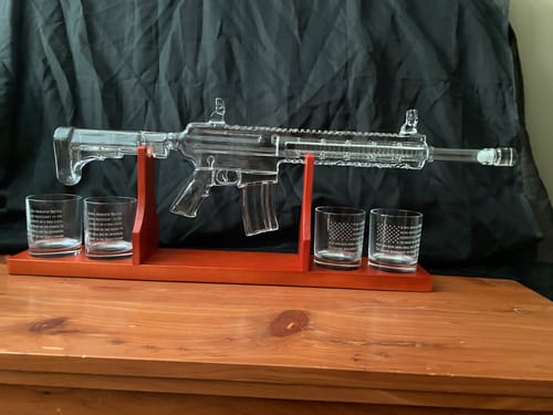 Customer photo review of AR-15 Glass Decanter with 2nd Amendment Whiskey Glasses