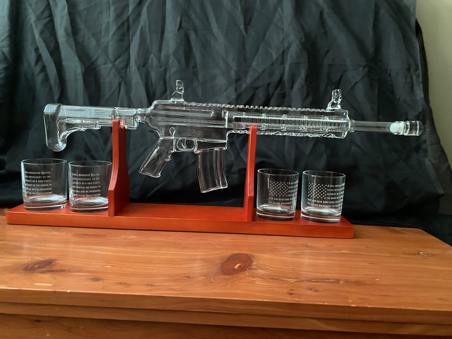 Customer photo review of AR-15 Glass Decanter with 2nd Amendment Whiskey Glasses