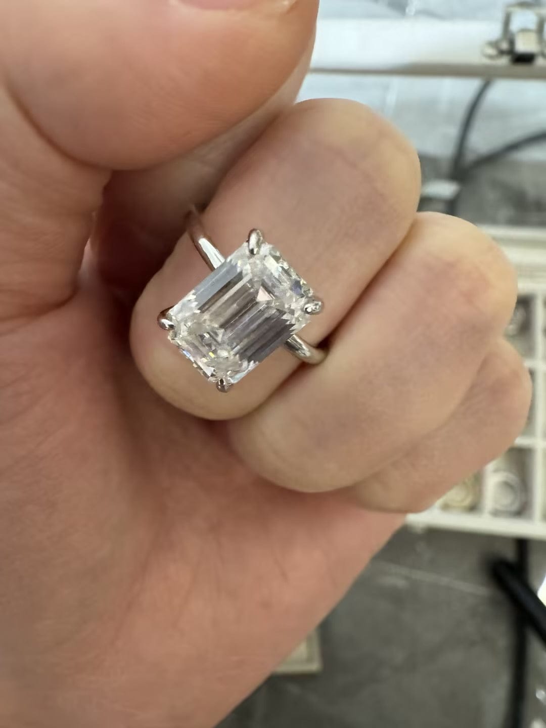 Customer photo review of Rodiffy Moissanite 3.5 Ct Emerald Cut Solitaire Engagement Ring For Her