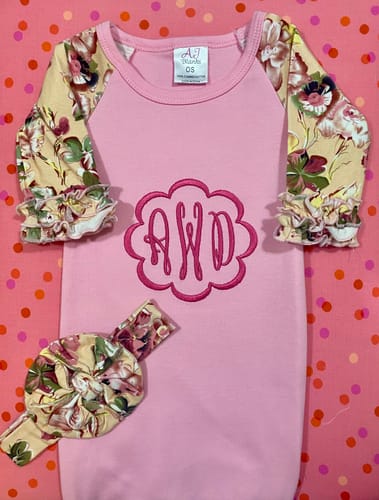 Customer photo review of Pink Floral Baby Gown Headband Set with Hidden Zipper (Swatch Included)