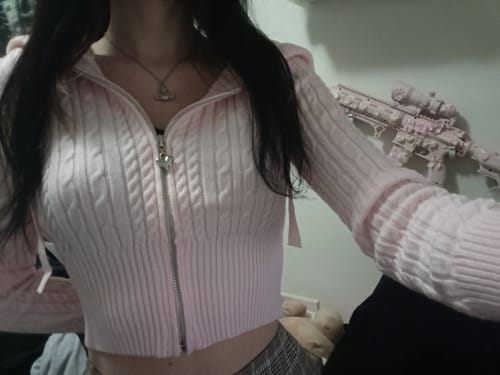 Customer photo review of Strawberry Milk Cable Knit Zip up Cardigan (Pink)