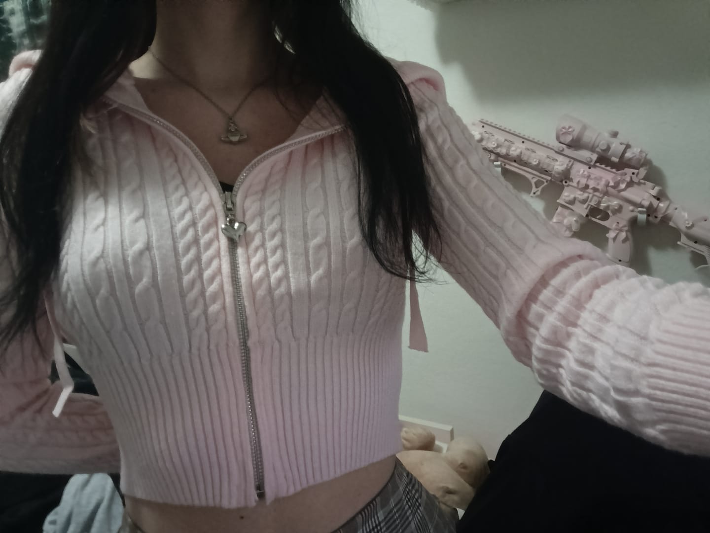 Customer photo review of Strawberry Milk Cable Knit Zip up Cardigan (Pink)