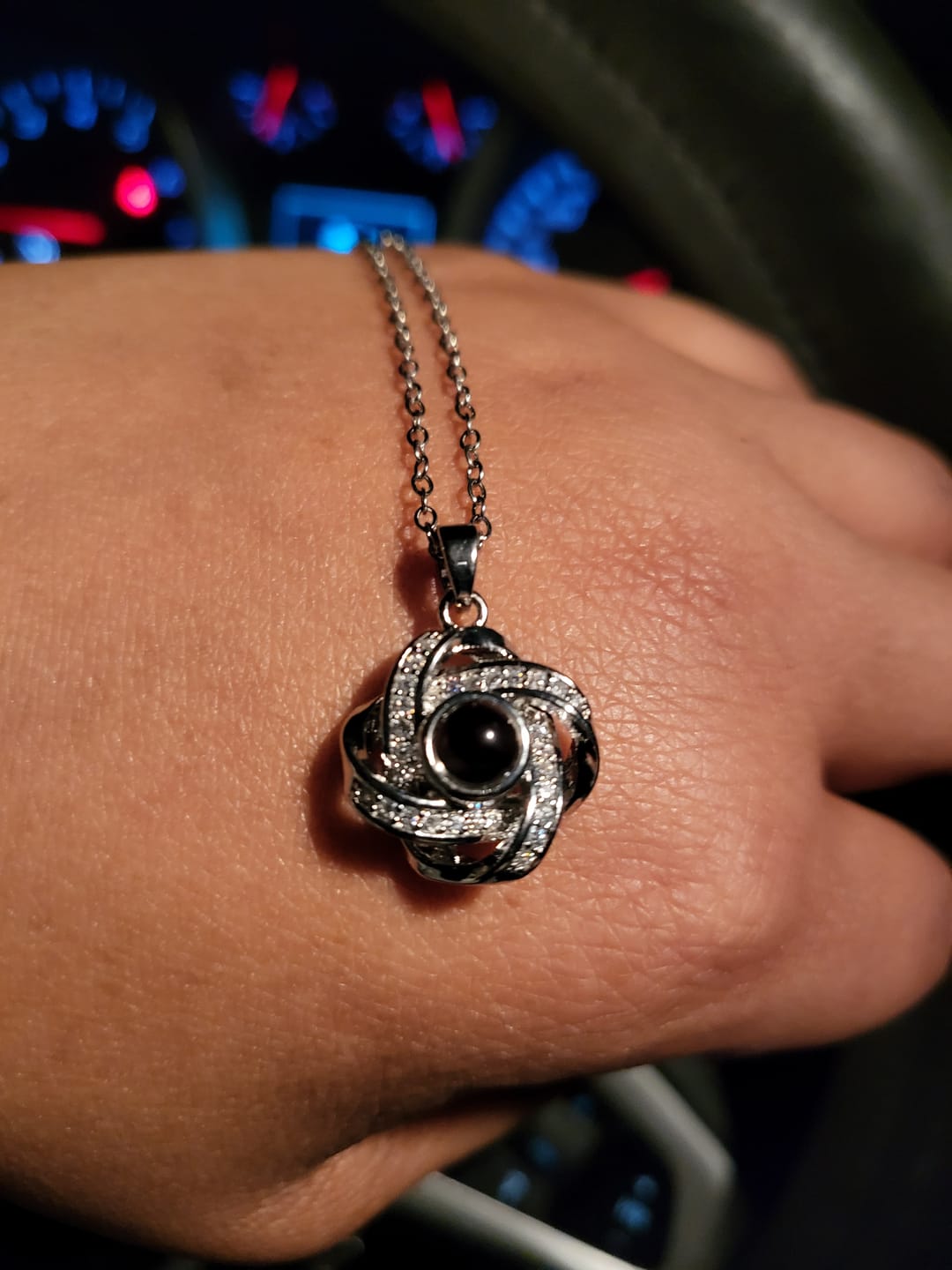 Customer photo review of Custom Photo Projection Interlocked Pendant Necklace